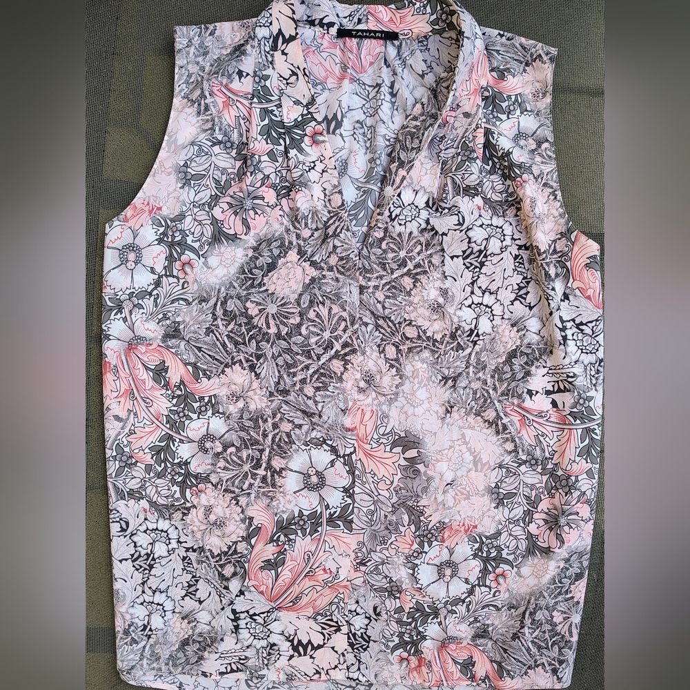 TAHARI ROMANTIC DREAMY WHIMSI-GOTH MUTED GREY FLORAL SLEEVELESS TOP WOMEN'S SZ M